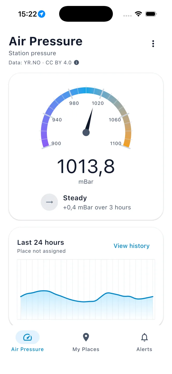 Barometer Reborn on iPhone: the Air Pressure tab with the gauge, trend and 24 hour chart