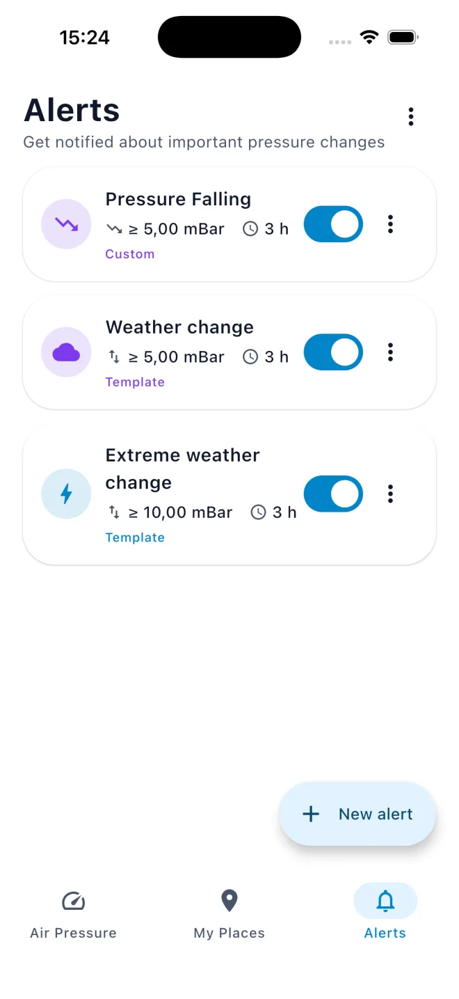 Barometer Reborn on iPhone: the Alerts tab with template and custom rules