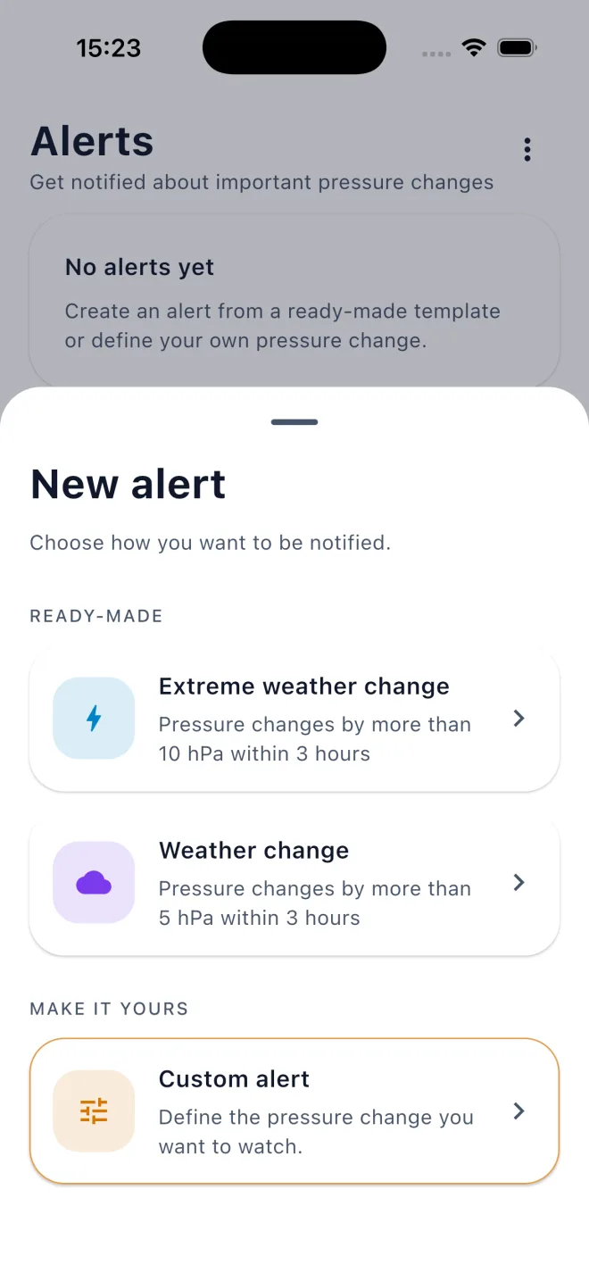 New alert sheet offering extreme weather change, weather change and custom alert